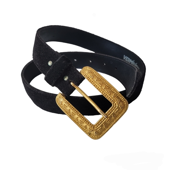 Vintage Accessories - Black vintage genuine suede belt with gold buckle